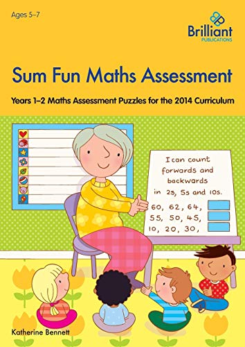 Book cover: teacher with children, maths puzzles, years 1-2 curriculum.