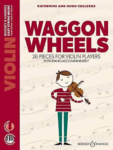 Sheet music cover for "Waggon Wheels" violin and piano, with a child playing.