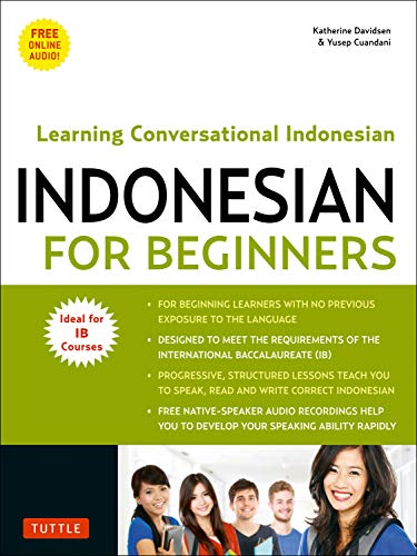 Book cover for Indonesian for Beginners with authors' names and a group of students.