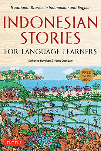 Book cover: “Indonesian Stories for Language” with colorful village illustration.