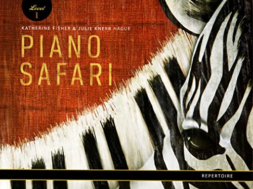 Piano Safari Level 1 Repertoire book cover featuring a zebra and textured orange background.