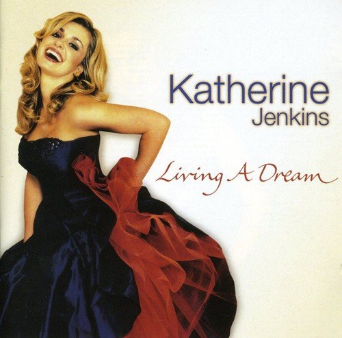 Katherine Jenkins smiling in a dark blue and red gown on album cover art.