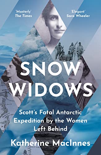 Book cover featuring portraits and Antarctic explorers, titled "Snow Widows".