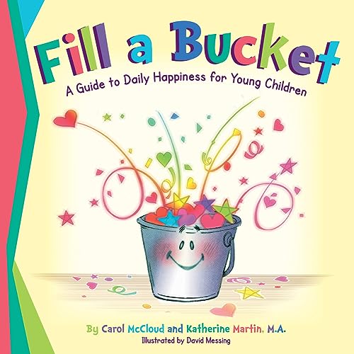Book cover with a blue bucket overflowing with colorful shapes and hearts.