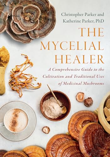 Book cover featuring medicinal mushrooms, powders, and a cup of beverage.