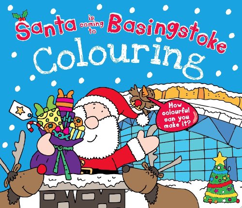 Santa Claus with reindeer and gifts on a snowy background for a colouring book.