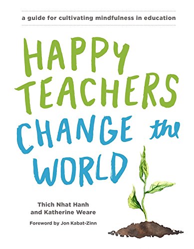 Book cover with handwritten title "Happy Teachers Change the World" and sprout illustration.