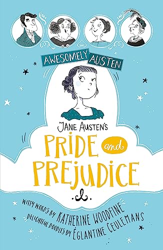 Book cover for "Pride and Prejudice" with illustrated character portraits.