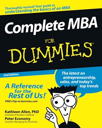 Yellow and black book cover, “Complete MBA For Dummies,” with cartoon character.