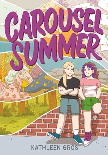 Book cover illustration featuring two girls standing by a brick wall near a carousel.