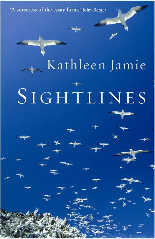 Book cover of Sightlines by Kathleen Jamie featuring many white birds flying in blue sky.