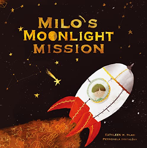 Book cover: boy in a rocket ship flying through a starry night.