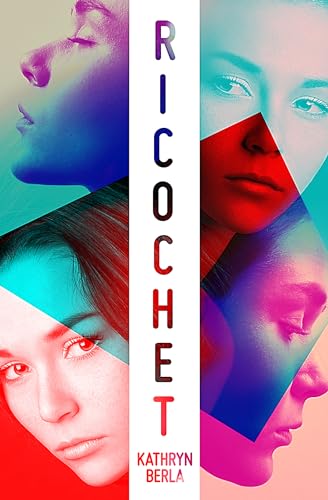 Book cover: "Ricochet" with fragmented portraits in blue, red, and purple.