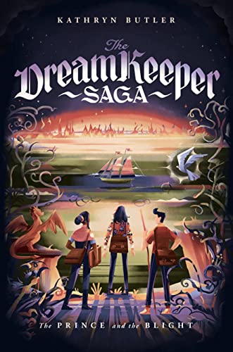 Three people and a small dragon look toward a ship and distant city.