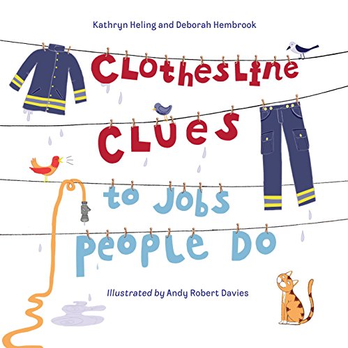 Book cover showing clothes on a line, including firefighter gear, with birds and cat.