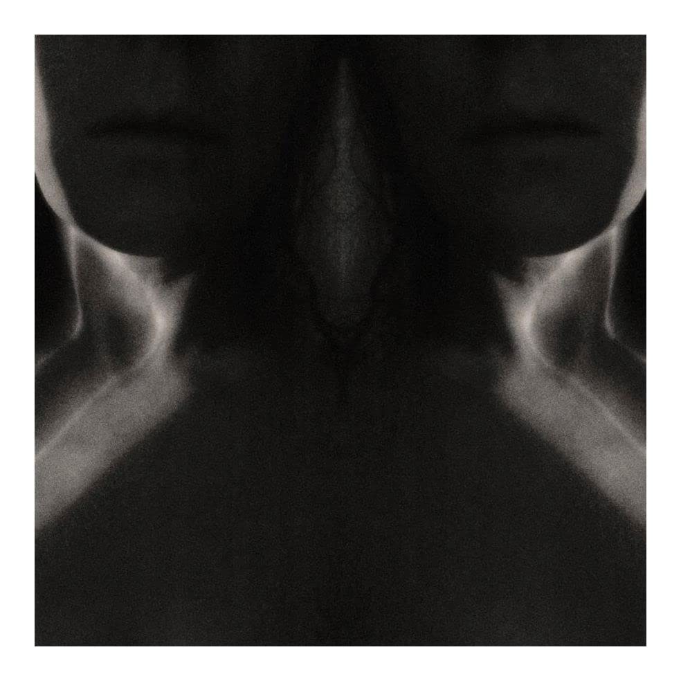 Dark, abstract album cover with a symmetrical, shadowy face-like form.