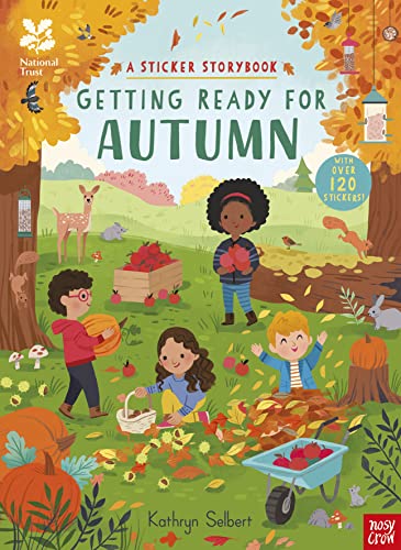 Children gather autumn produce in a colorful illustrated sticker storybook.