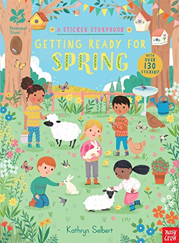 Children and animals in a spring garden scene, with a sticker book title.