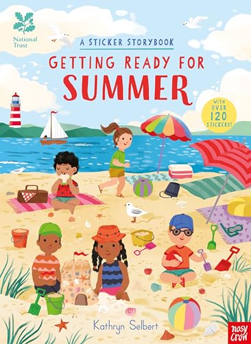 Children on a beach with stickers, illustrated cover for a storybook.