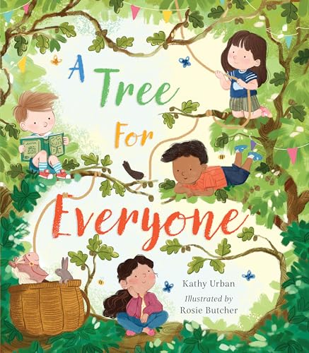 Children playing in a large tree on the cover of the book A Tree for Everyone.