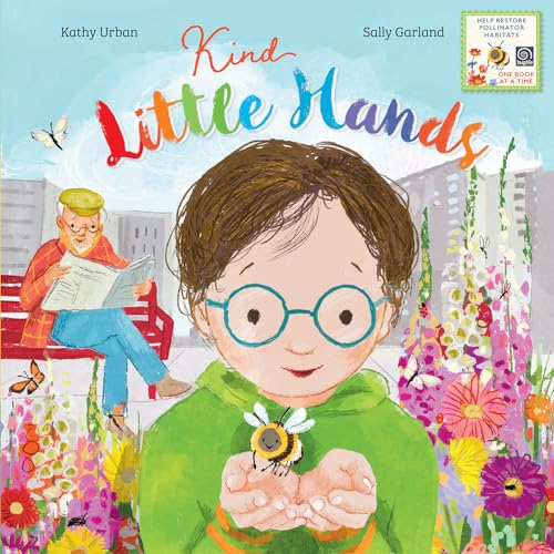 Book cover: child with bee, older man reading, flowers, and butterflies.
