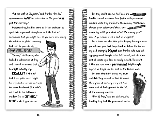 Open book pages with illustrated speech bubbles and cartoon drawings.