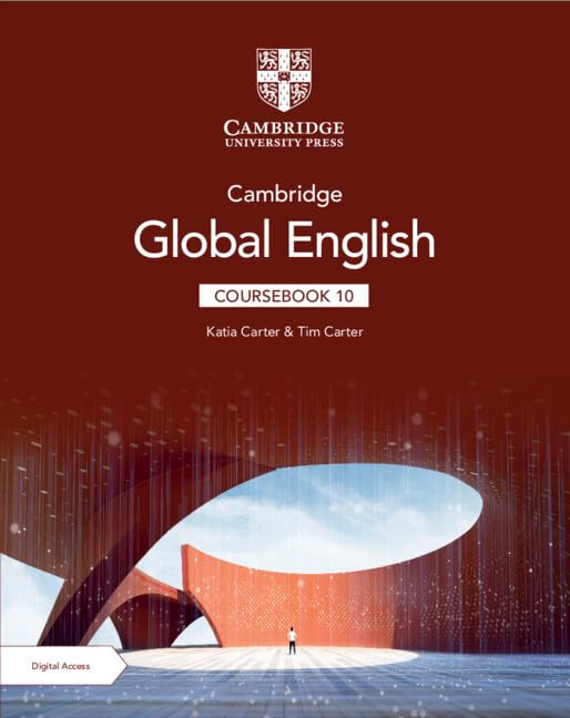 Red textbook cover with "Cambridge Global English Coursebook 10" title.