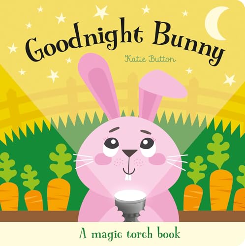 Pink bunny with a torch in a green field under a crescent moon.