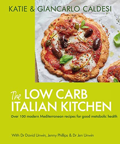 Cookbook cover featuring a low-carb pizza with tomatoes, olives, and basil.