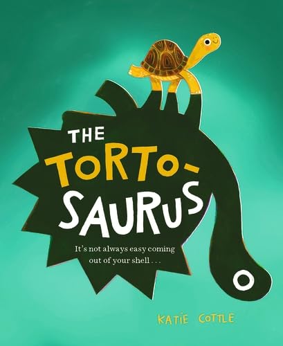 A small turtle standing on a dark green dinosaur silhouette against a teal background.