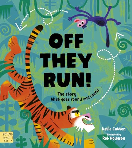 Book cover: tiger and monkey chase each other in a green jungle.