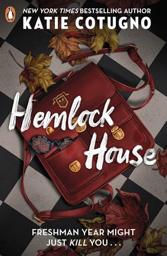 Book cover: "Hemlock House" with a red bag, leaves, and sunglasses.