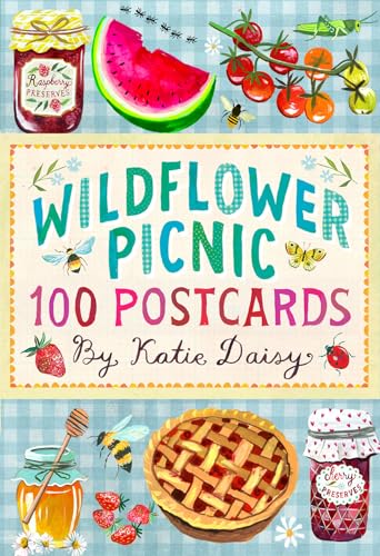 A postcard box cover featuring illustrations of fruit, preserves, a pie, and insects.