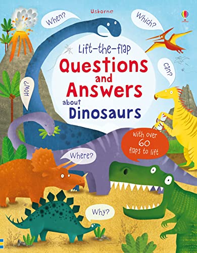 Book cover featuring various colorful cartoon dinosaurs in a prehistoric landscape with question bubbles.