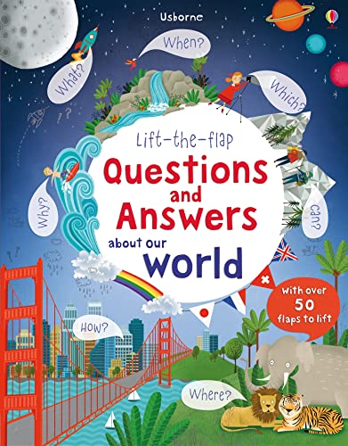 Book cover showing a globe with illustrations of nature, cities, animals, and space questions.