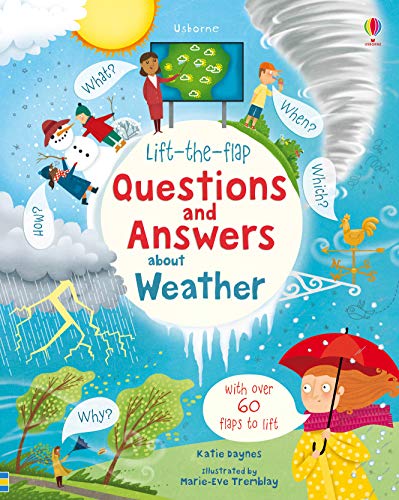 Book cover for Lift-the-flap Questions and Answers about Weather with various weather-themed illustrations.