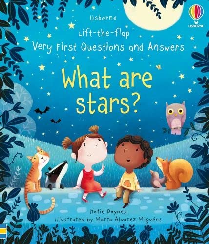 A children's book cover shows two children, a cat, and a squirrel under stars.
