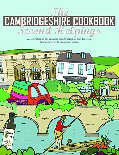 Cookbook cover with illustrated Cambridge buildings, a red van, and punter.