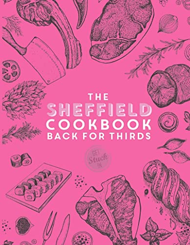 Pink cookbook cover with white text and black line drawings of various foods.