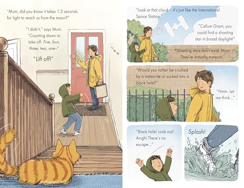 Illustrated pages showing a boy and his mother talking about space while walking outside.