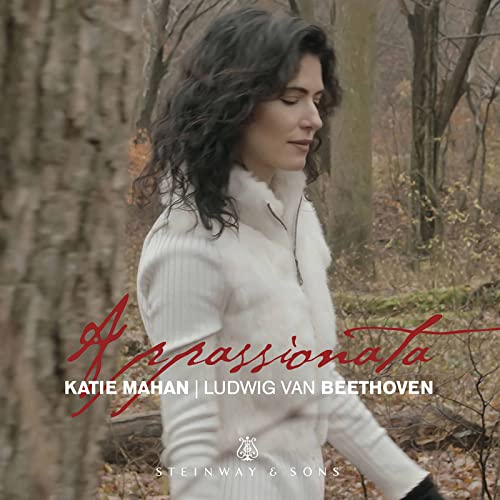 Woman in white coat, album cover for Katie Mahan’s Beethoven: Appassionata.