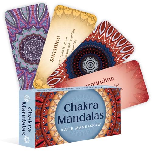 Colorful mandala card deck titled “Chakra Mandalas” by Katie Manekshaw.