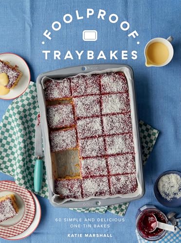 Cookbook cover featuring a tray of sliced berry traybake with jam and custard.