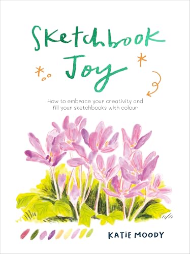 Book cover with watercolor flowers and hand-lettered title "Sketchbook Joy".