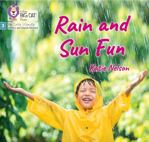 A smiling child in a yellow raincoat stands with arms outstretched in the rain.