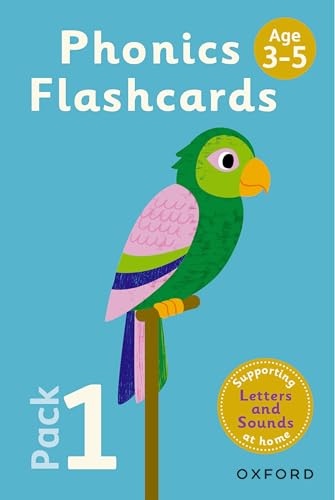 Phonics flashcards pack 1 featuring a colorful parrot illustration on a blue background.