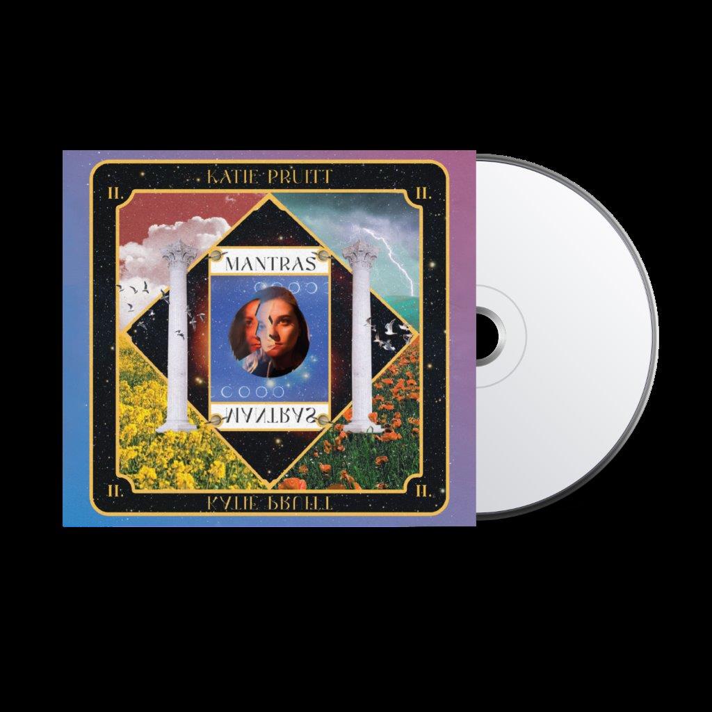 Katie Pruitt's "Mantras" CD with a portrait and colorful landscape.