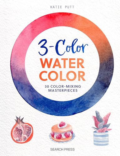 Book cover with watercolor washes, fruit illustrations, and title “3-Color Watercolor”.