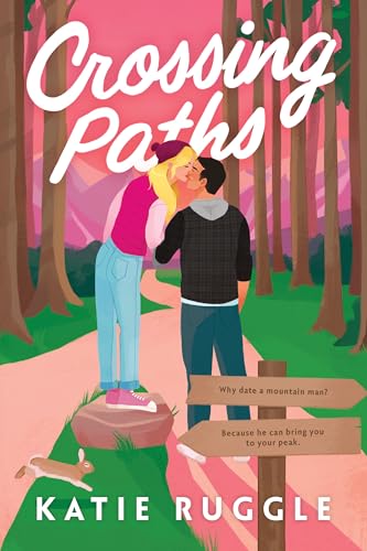 Couple embracing on a forest path, with a rabbit and signpost.