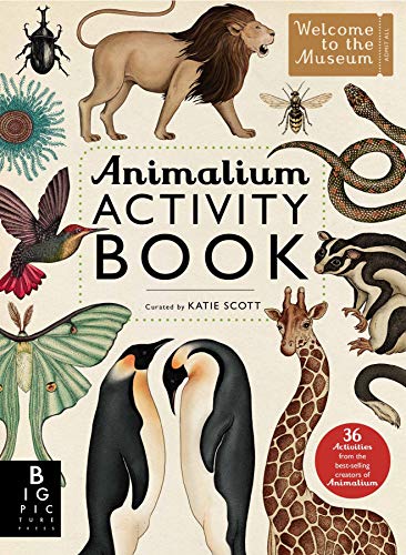 Activity book cover featuring detailed illustrations of various animals.